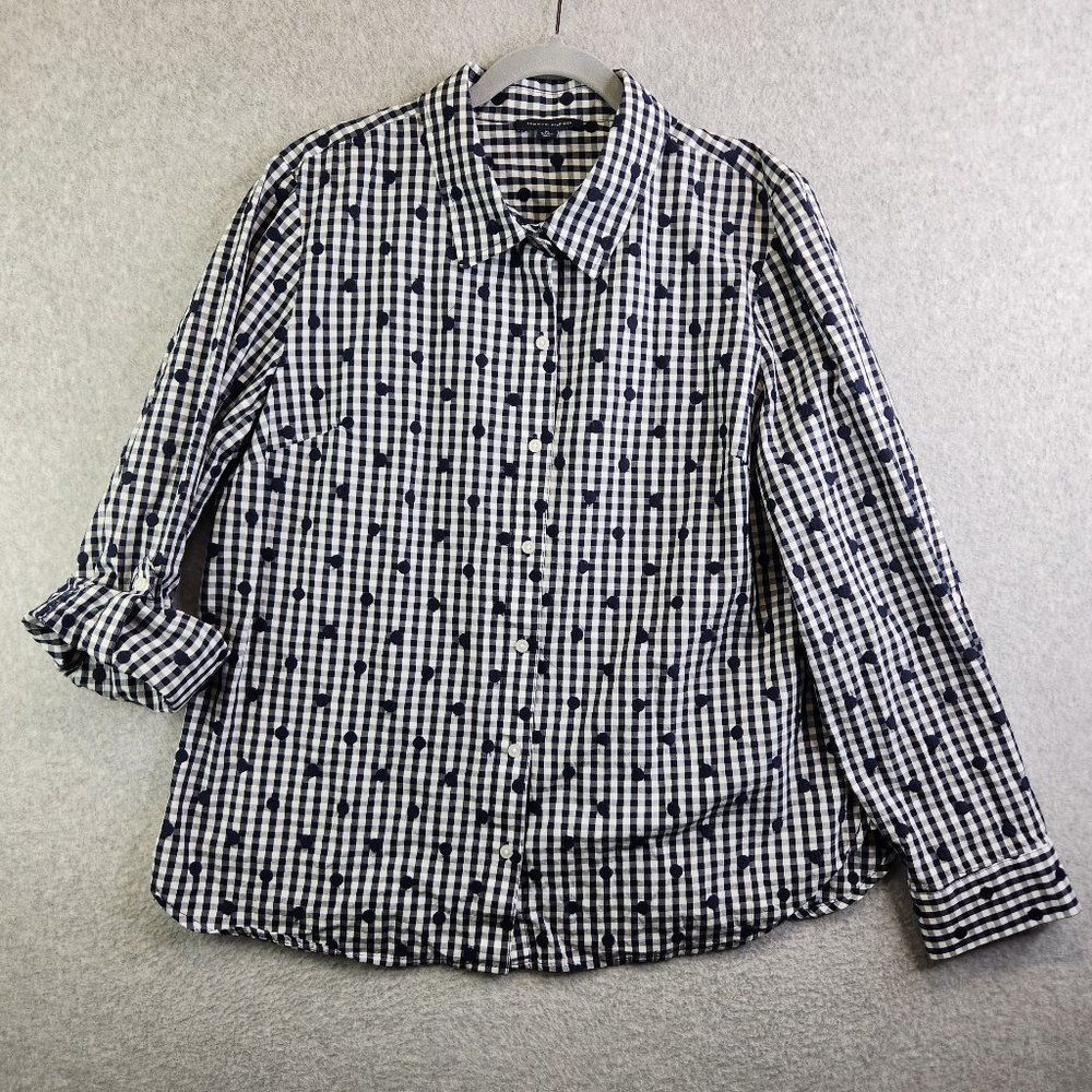 Tommy Hilfiger Top Womens XL Blue Gingham Plaid Swiss Dot Roll Tab Sleeves